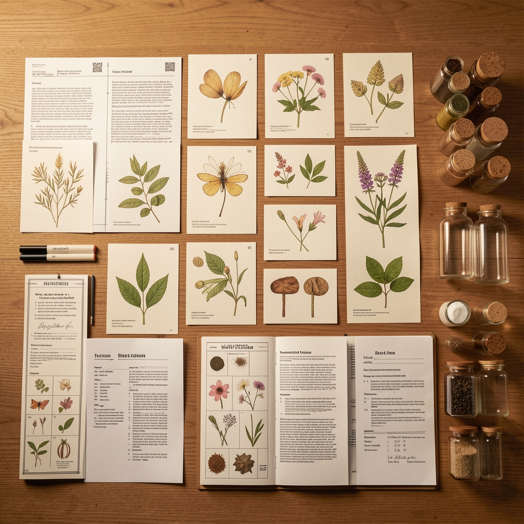 Wooden desk surface covered with botanical specimen cards, ingredient reference documents and glass vials arranged in a methodical grid for documentary photography in warm studio lighting
