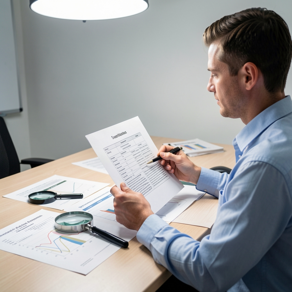 Nutrition professional seated at a wide desk reviewing a printed supplement formulation report with magnifying tools and composition analysis charts spread under bright overhead studio lighting