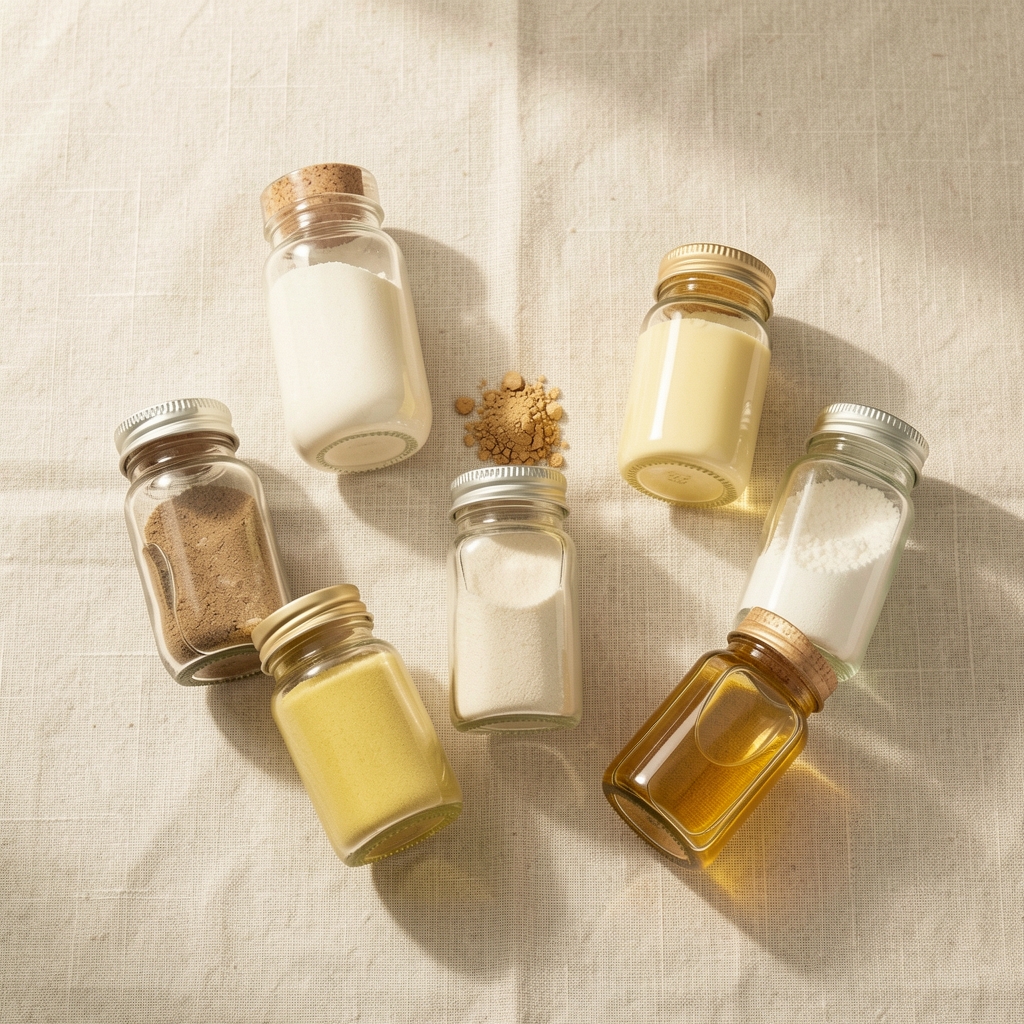 Glass bottles of nutrient-dense supplement formulations arranged on a pale linen surface, editorial flat-lay with minimal shadows and warm cream tones