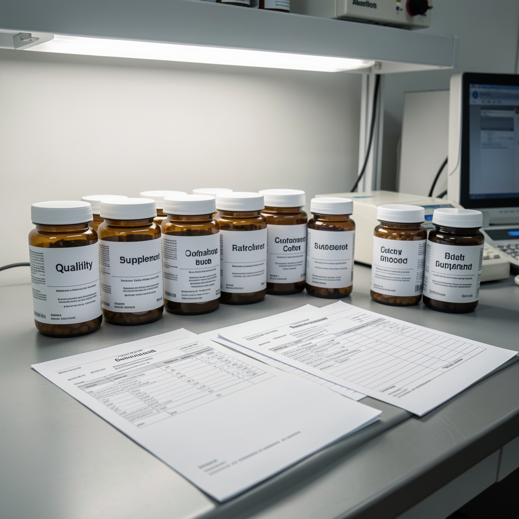Quality control bench with labelled supplement jars and batch documentation sheets under controlled workspace lighting