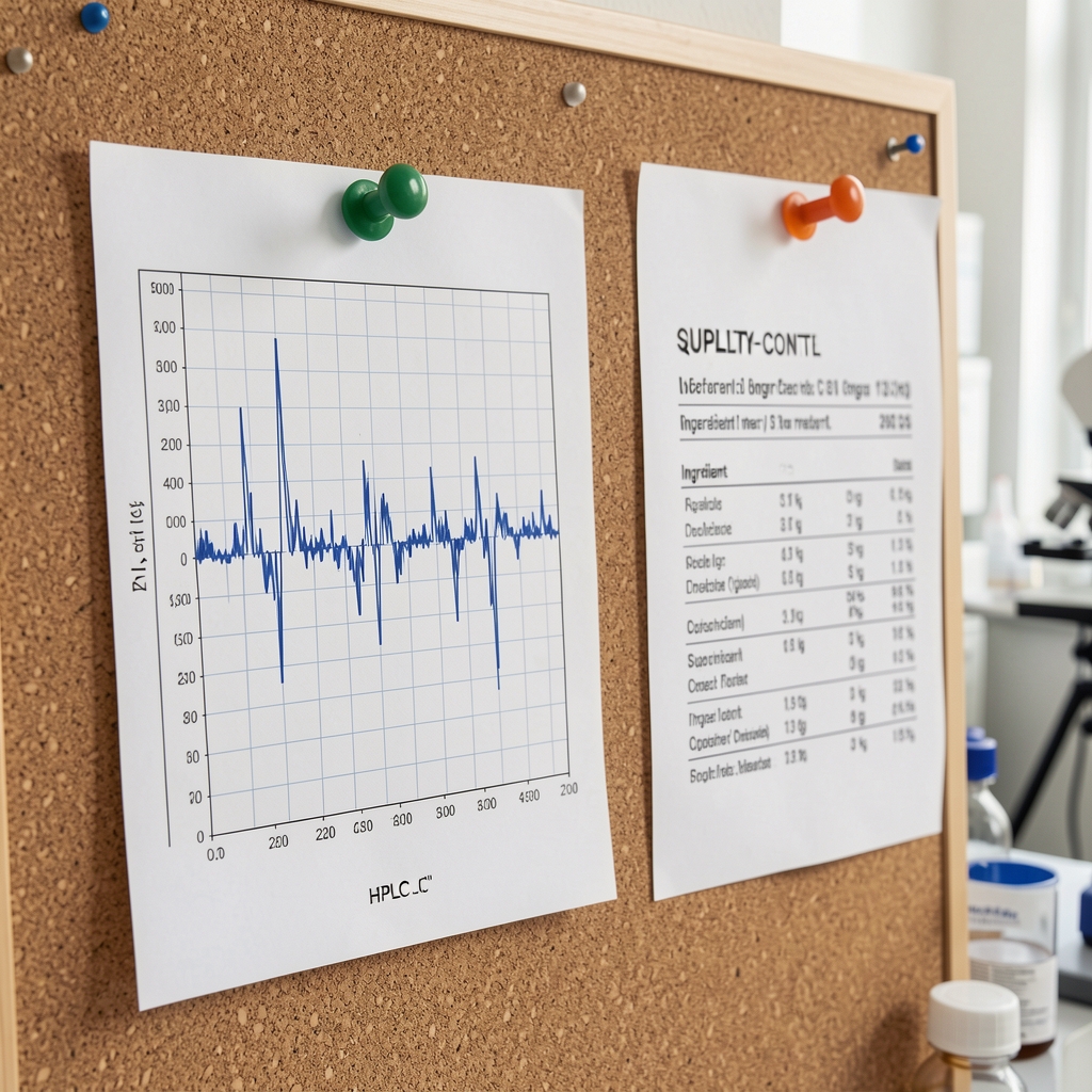 Close-up of HPLC chromatography analysis output printed on graph paper pinned to a corkboard next to a supplement label showing ingredient concentrations in a quality-control workspace