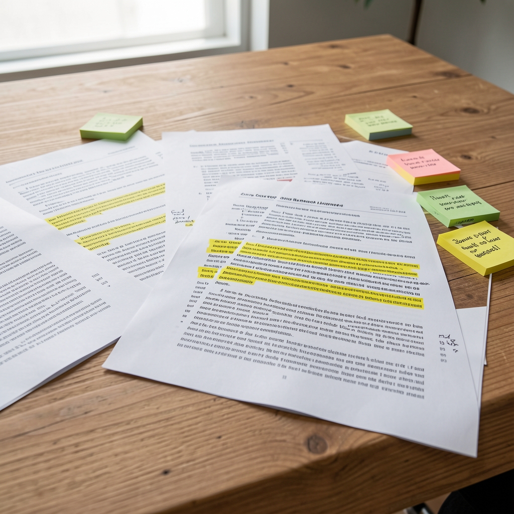 Open research journal and nutrition science article printouts spread on a wide table with highlighted paragraphs and sticky notes referencing mineral absorption studies