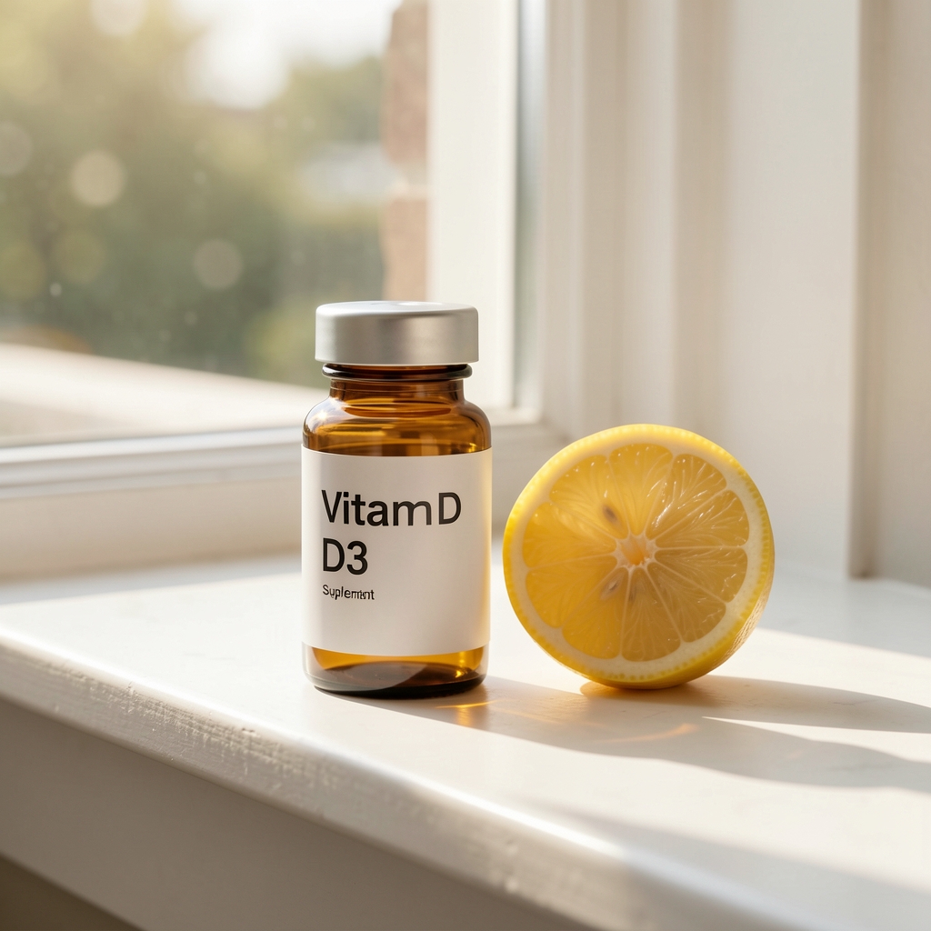 Vitamin D3 supplement in small amber bottle beside a lemon slice and a sunlit window ledge, bright natural morning light