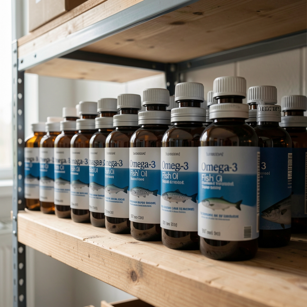 Row of dark amber glass omega-3 fish oil supplement bottles on a wooden shelf in a quality-control storage environment, photographed from the side in natural daylight